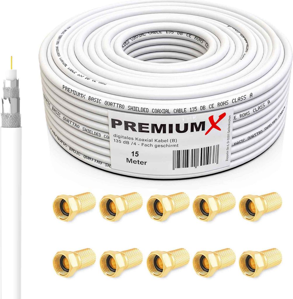 PremiumX 15m BASIC Koaxialkabel 135dB 4-fach SAT Koax Kabel 10x F-Stecker