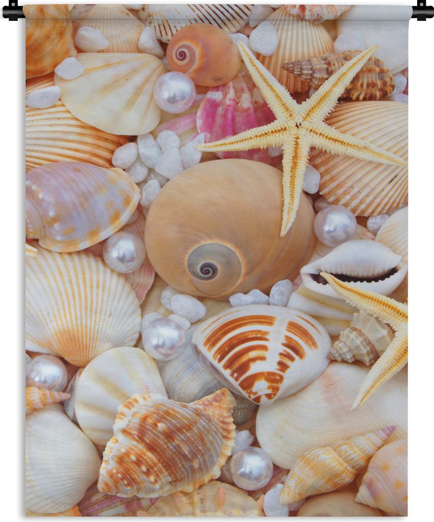MuchoWow Wandteppich Wandbehang Muscheln - Perlen - Seesterne - Strand 90x120 cm Tapisserie Dekoration Wandtuch - Wanddeko