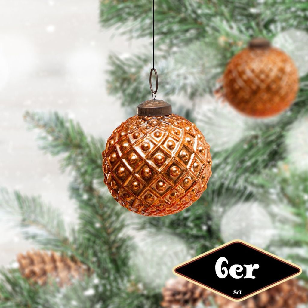 Christbaumkugelset, Rund, 6er Set | Glas, Orange, Struktur | H8,5xB8,0cm