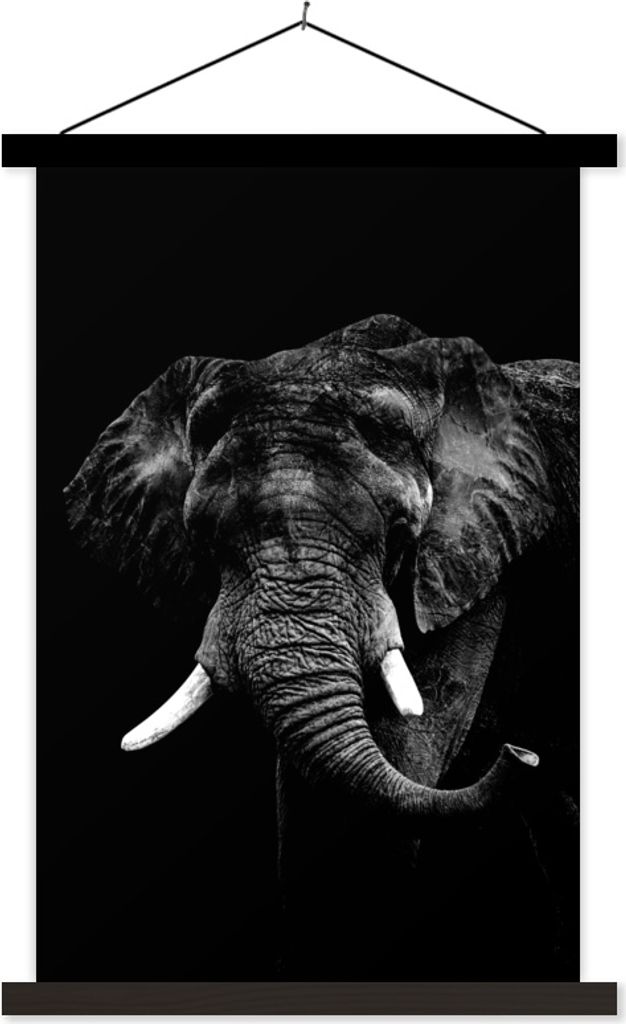 MuchoWow Textilposter Elefant vor schwarzem Hintergrund - schwarz und weiß 120x180 cm mit schwarzem Rahmen - Fotos