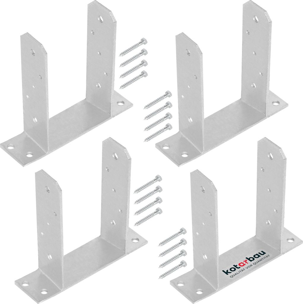 KOTARBAU 4er Set TT Pfostenträger zum Aufschrauben 90 mm Bodenanker für Holzpfosten Pfostenschuh für Zaunpfosten verzinkter Stahl Silber