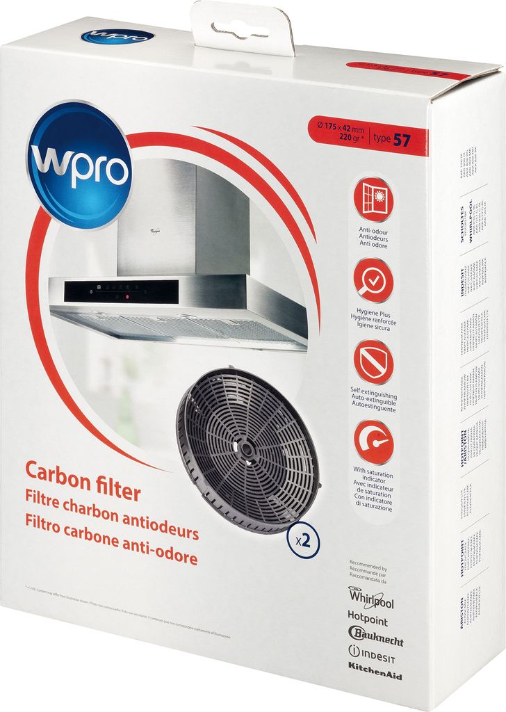 The image shows the packaging of a WPRO carbon filter for a kitchen hood.