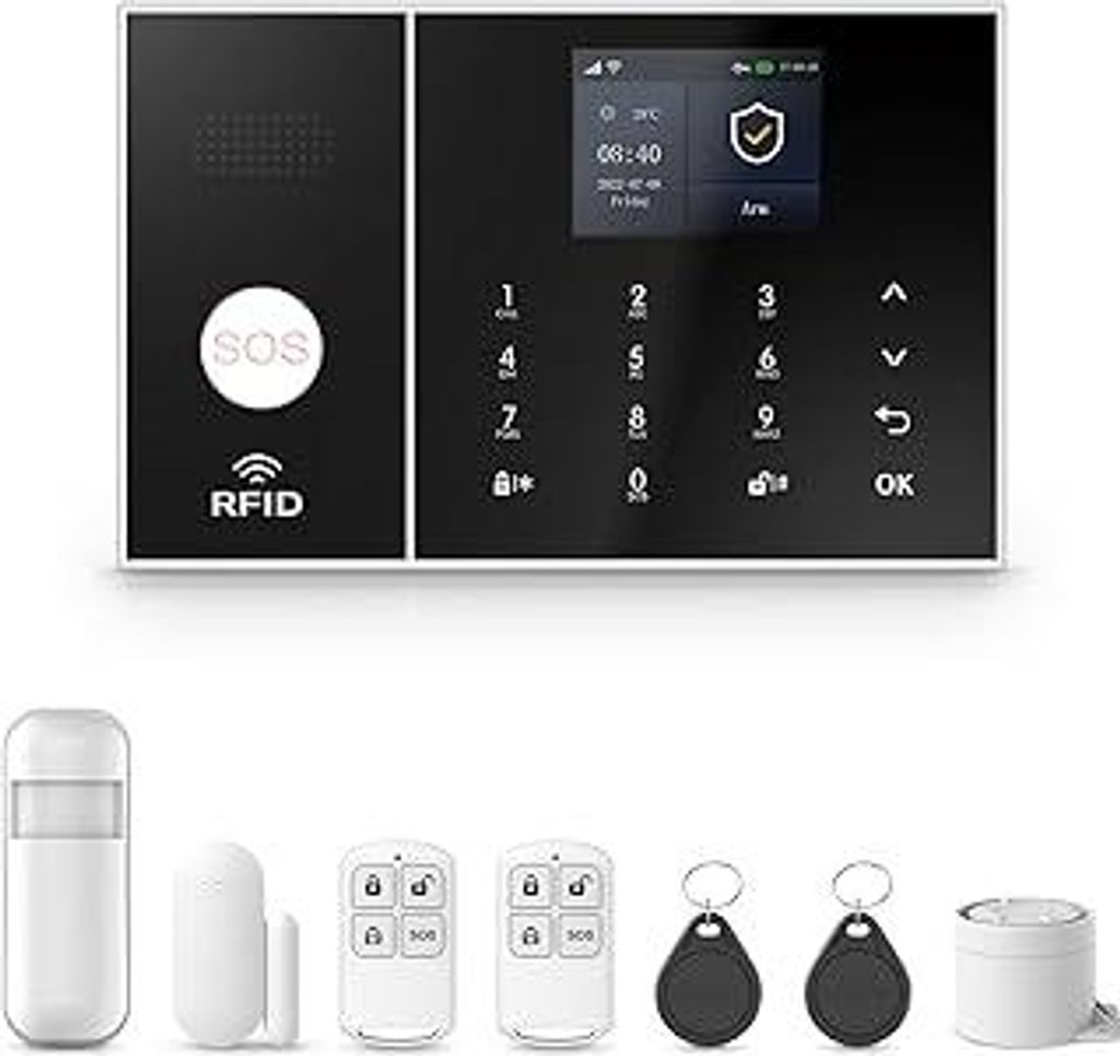 PGST Alarmanlage Haus, 8-teiliger Alarmanlage Set mit Wi-Fi und APP, PIR-Sensor, Tür- und Fenstersensoren, Fernbedienungen, Kompatibel mit Alexa, ...