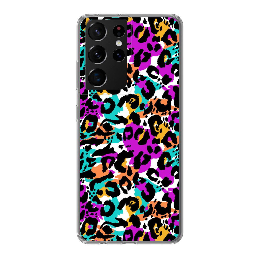 MuchoWow Handyhülle Schutzhülle Hülle für Samsung Galaxy S21 Ultra Pantherdruck - Regenbogen - Weiß Silikon Softcase Handy Hülle - Mobiltel...