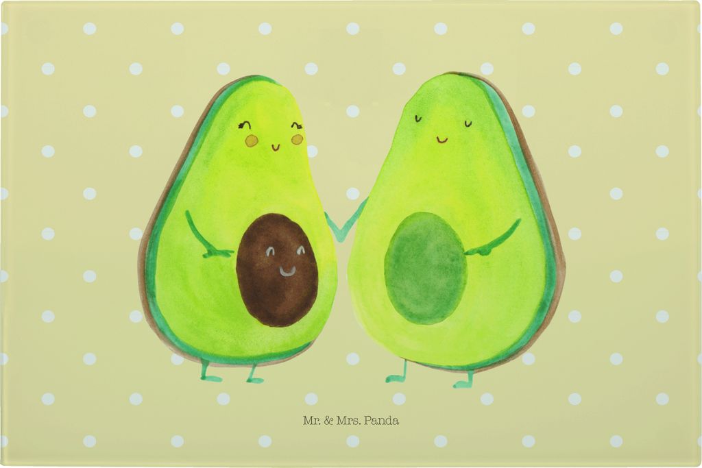 Mr. & Mrs. Panda Schneidplatte Glas Avocado Pärchen - Gelb Pastell - Geschenk, Hochzeit, Glasschneidebrett, Schneideplatte, Schneidebrett Aus, Geb...