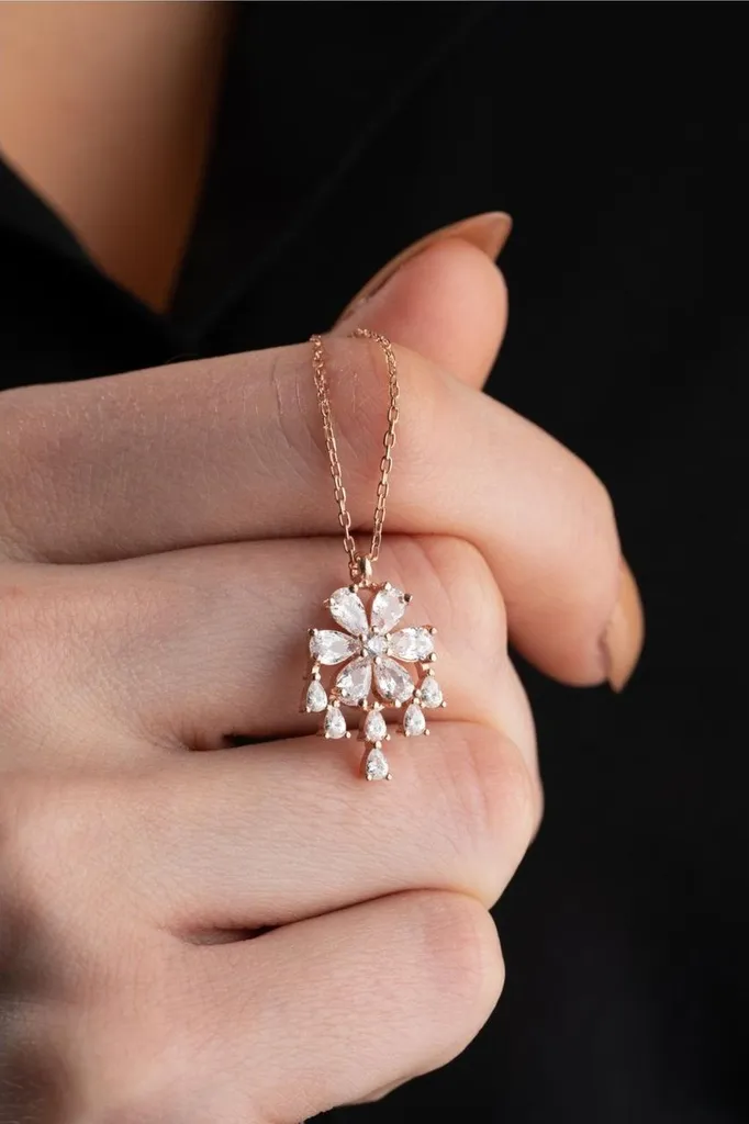 Collier fleurs en zircone argent 925 et or rose pour femme chic