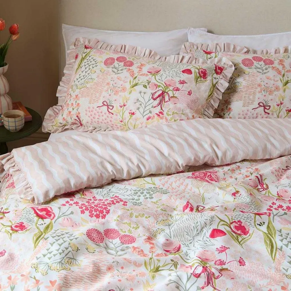 Linge de lit rose à volants Gardenia réversible King Size RV3657 - 2