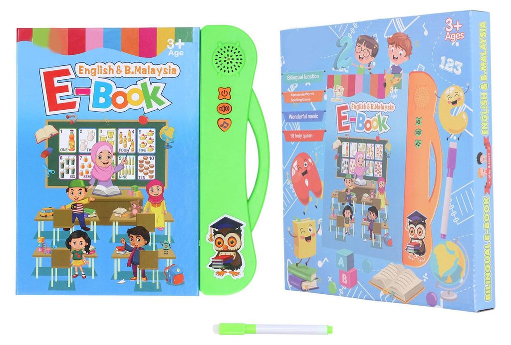 Elektronisches ABC-Soundbuch, Englisch, Malaiisch, Sprache, Tierfrüchte, Lernspielzeug für Kinder, mit Stift, Grün