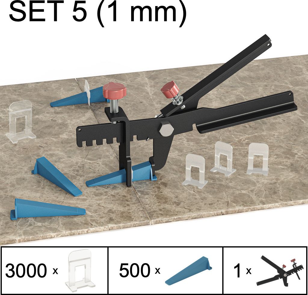 Fliesen Nivelliersystem Verlegehilfe Fliesen Plan System, Set 5, 3000 Laschen, 500 Keile, Zange, 1 mm