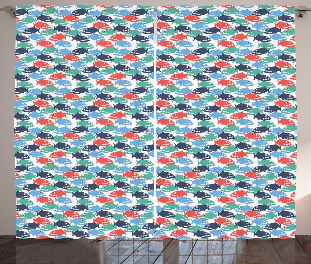 ABAKUHAUS Fisch Rustikaler Gardine, Bunte Cartoonish Piranha, Wohnzimmer Universalband Gardinen mit Schlaufen und Haken, 280 x 225 cm, Mehrfarbig