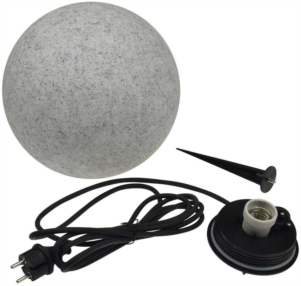 Kugelleuchte für Aussen 28cm mit Erdspieß IP44 1,5m Kabel E27 Fassung Wetterfest UV Frostbeständig Ø 28cm, Stein Optik