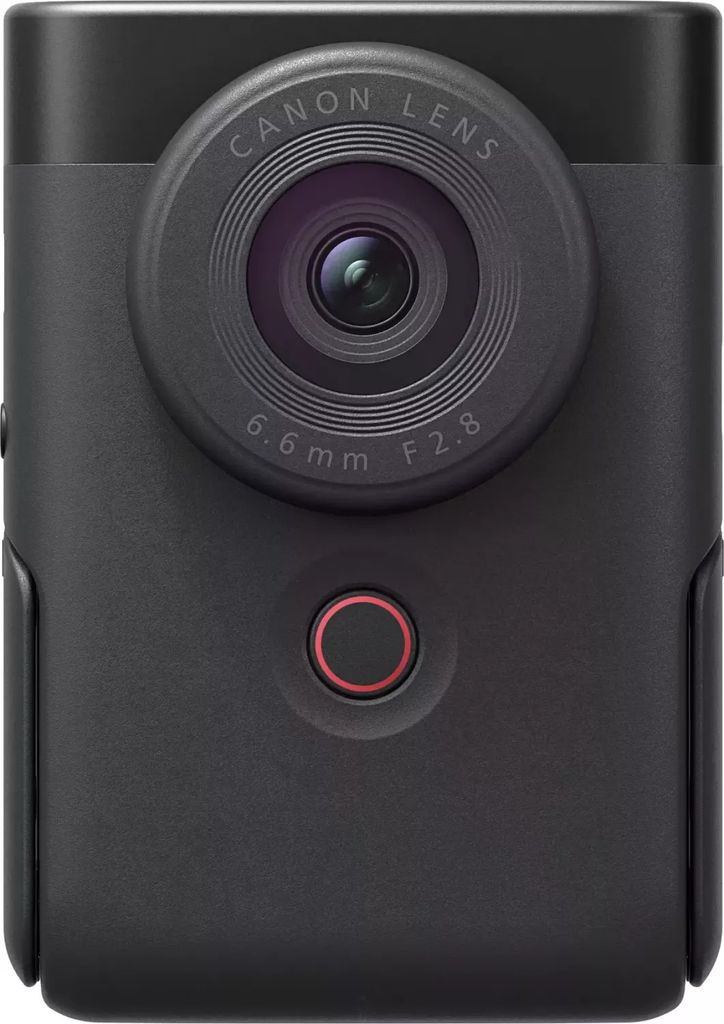 A close-up front view of a black Canon PowerShot V10 compact camera.