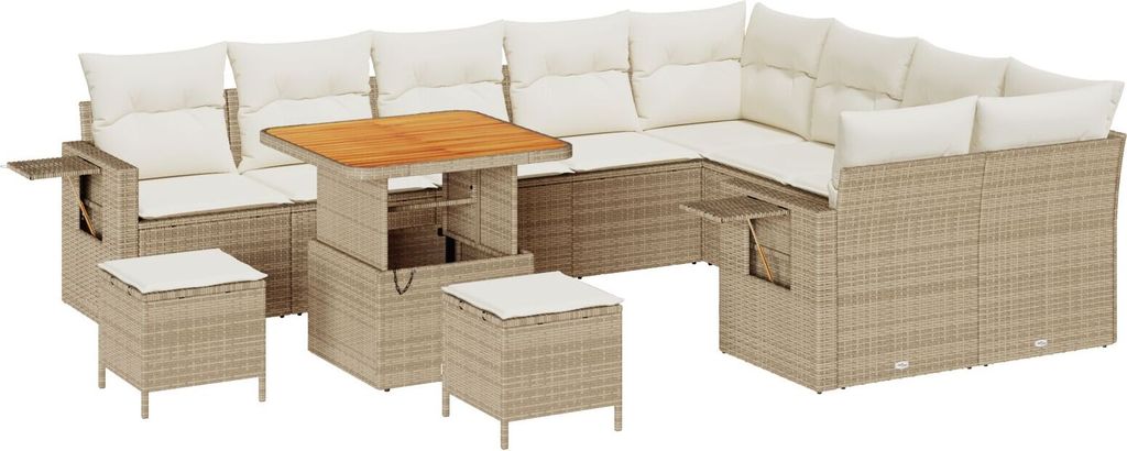 Möbel 12-teiliges Garten-Sofa-Set mit Kissen Beige Poly-Rattan Akazie, 3-teiliges Garten-Esszimmer-Set mit Kissen Beige Poly-Rattan Akazie - Garte...