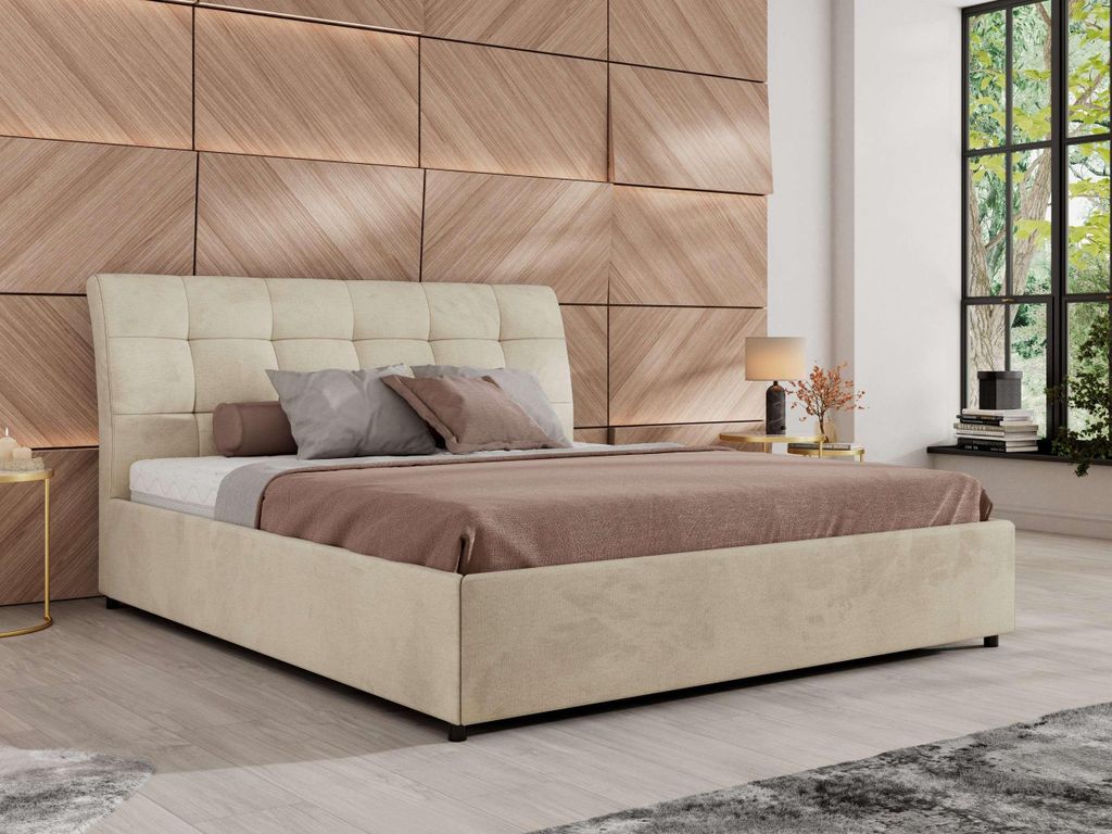 MKS MEBLE Polsterbett GALA CLASSIC Lattenrost klappbar Bett mit Stauraum 200x200 Hotel Betten Schlafzimmer Beige Velvet