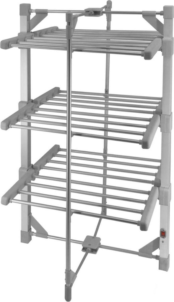 A three-tiered heated clothes drying rack with a silver metal frame and gray plastic parts.
