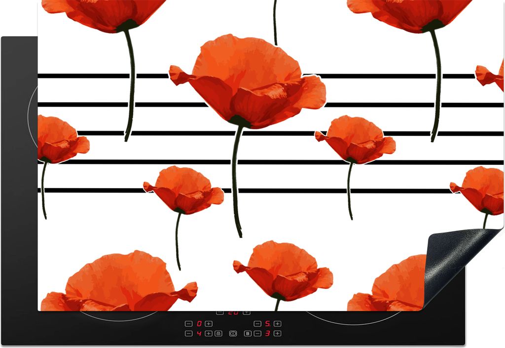 KitchenYeah Herdabdeckplatte Musik - Mohn , 76x51cm, Küche Deko, Glaskeramikfeld Herdabdeckung, Abdeckplatte fùr Kochfeld