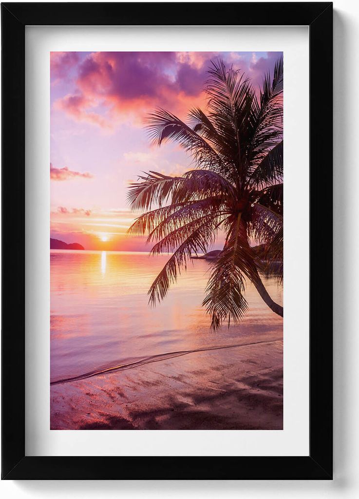 Palme am Strand bei Sonnenuntergang– Wandbild mit Rahmen – Gerahmtes Bild – Wanddekoration – 20x30 cm – Schwarz