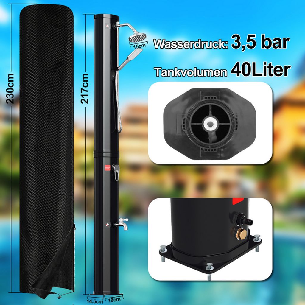Solardusche Gartenduschen Pooldusche Gartendusche Thermometer bis 60°C Pooldusche Camping 40L Mit Handbrause Mit Schutzhülle schwarz