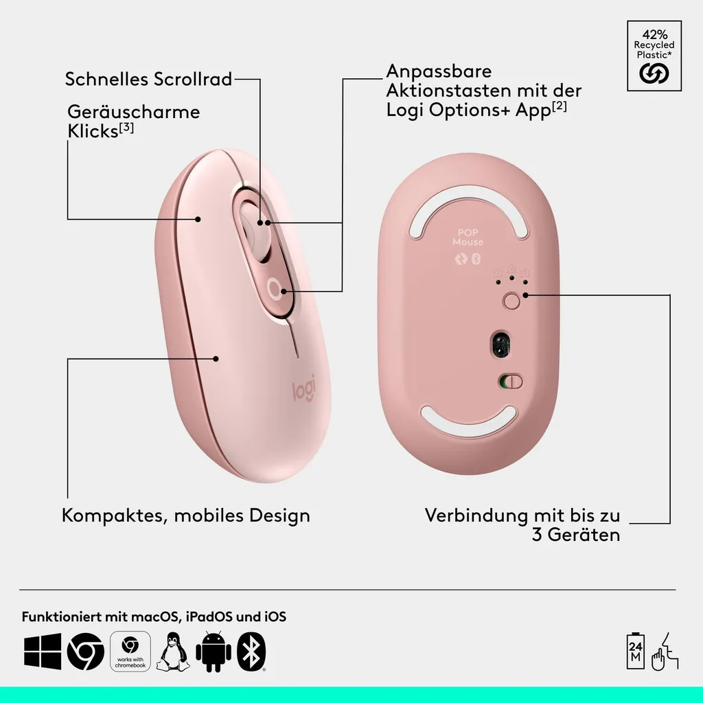 Logitech POP Mouse Souris Bluetooth Silencieuse Rose 4 Boutons Optique - 7