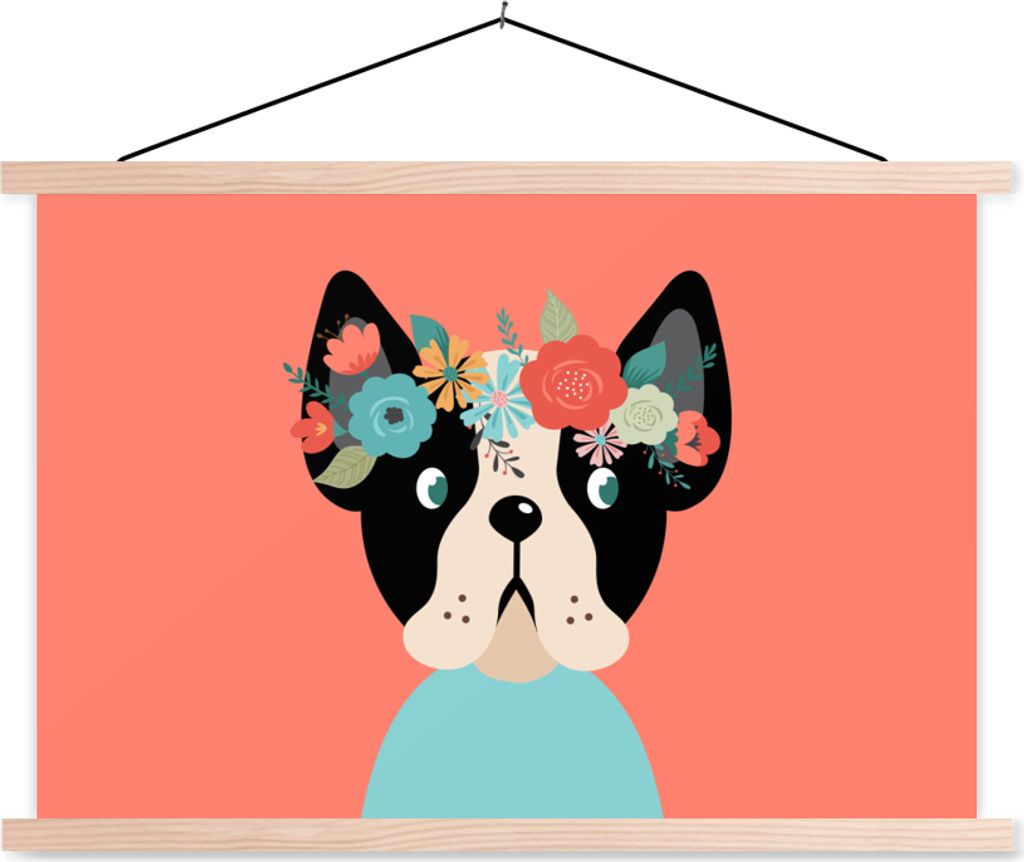 MuchoWow Textilposter Hund - Blumen - Krone 60x40 cm mit holzfarbenen Rahmen - Bilder