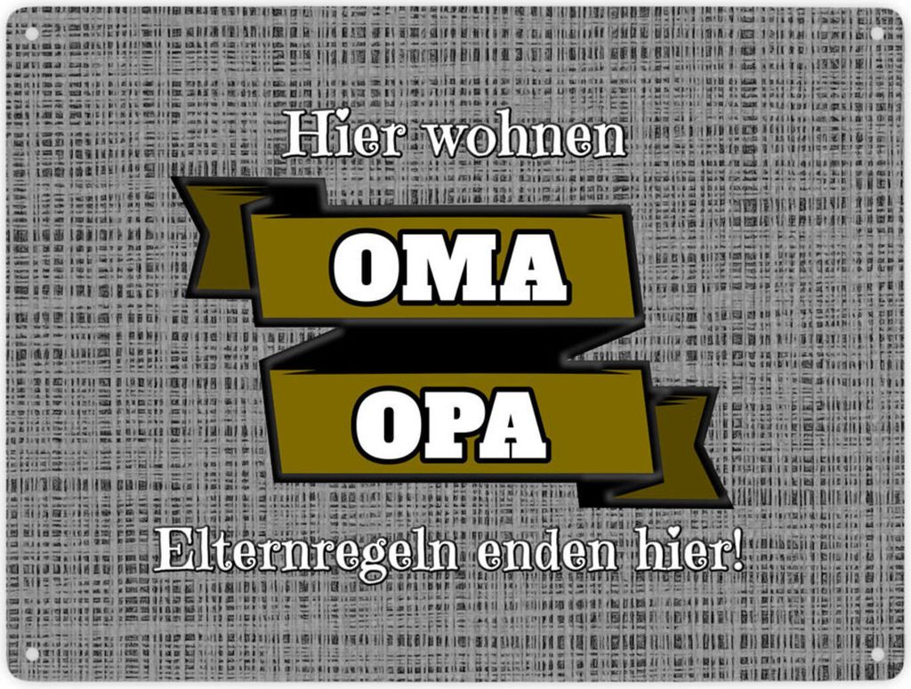 Metallschild XXL in 28x38 cm Hier wohnen Oma & Opa mit Stoffoptik in silber und