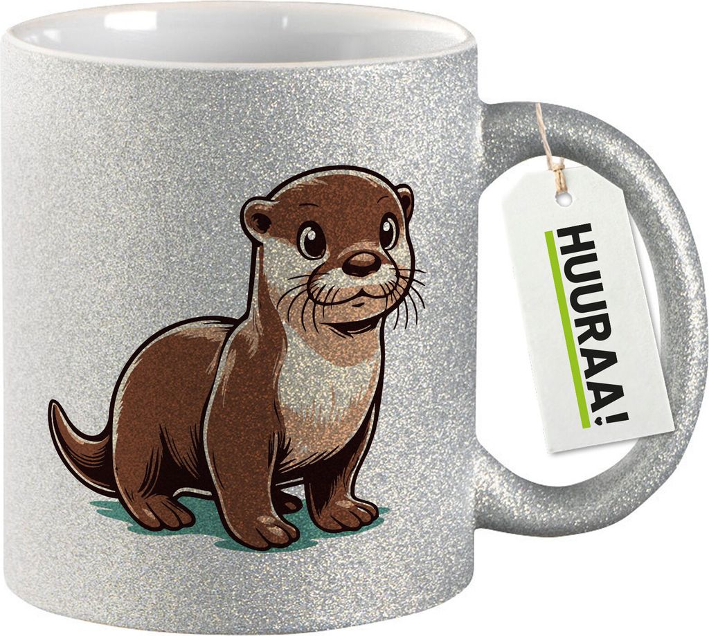 Huuraa Glitzertasse Otter Comic 330ml Silber Keramik Kaffeebecher Geschenkidee