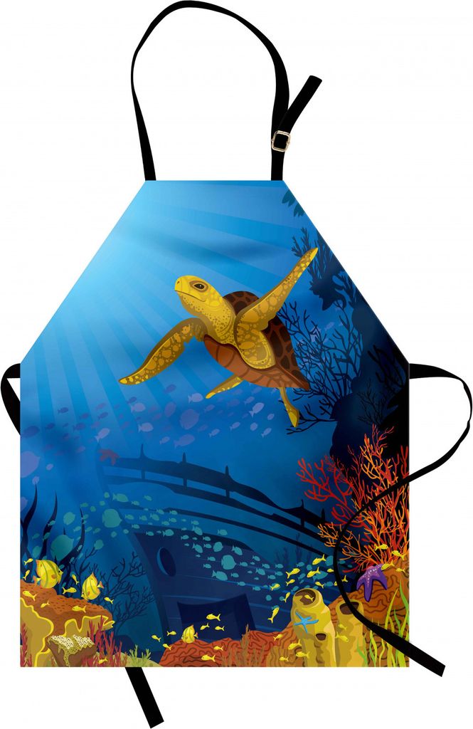 ABAKUHAUS Ozean Kochschürze, Farbiges Korallenriff mit Schattenbild-Schule der Fisch-und Schildkröten-Unterwasserkunst, Farbfest Höhenverstellba...