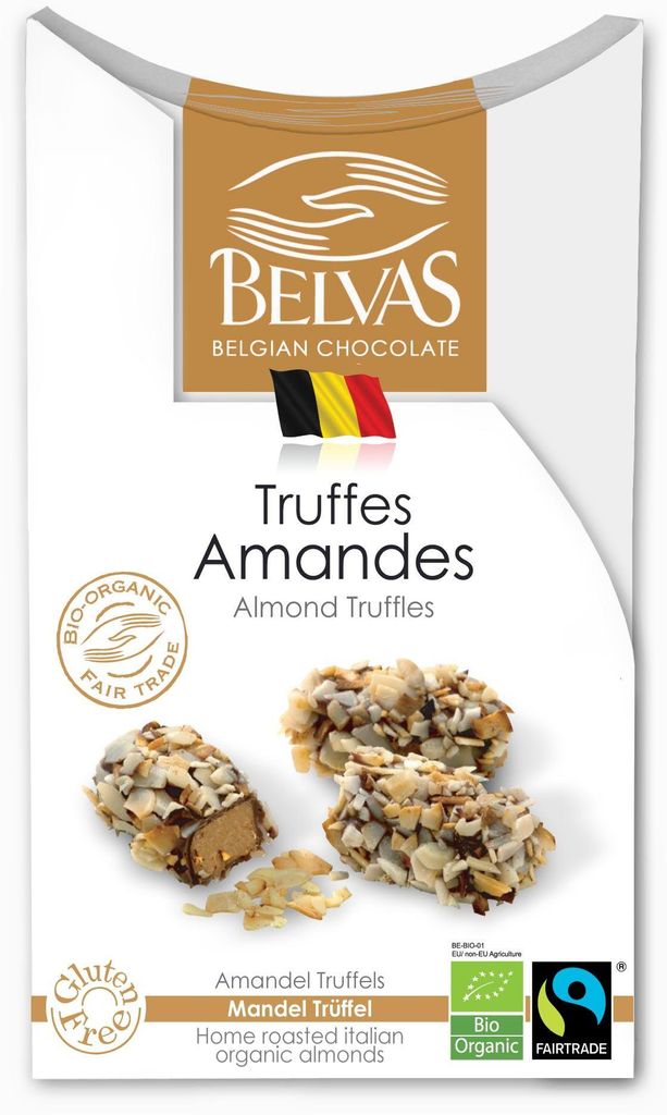 CZEKOLADKI BELGIJSKIE TRUFLE Z MIGDAŁAMI FAIR TRADE BEZGLUTENOWE BIO 100 g - BELVAS