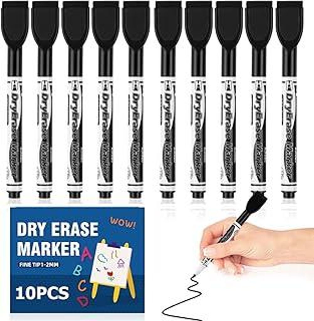Autoau Whiteboard Marker, 10 Stück Whiteboard Stifte Magnetisch, Schwarz Folienstift Abwischbar Fein Stifte mit Radiergummi, Dry Erase Marker Set ...