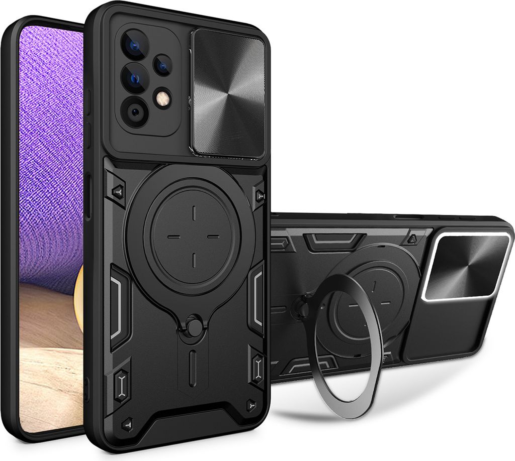 Handyhülle für Samsung Galaxy A32 5G Dual-Layer Stoßfest Rüstung Hülle mit Dia Kameraschutz und Kreisförmig Ring Ständer Schwarz