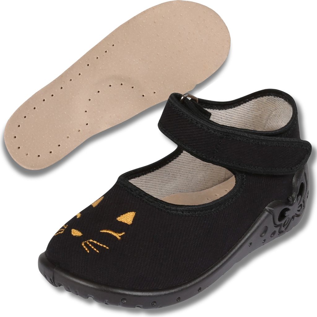 Schwarze Kinderhausschuhe mit Ledersohle, Hausschuhe für Mädchen Marlena ZETPOL 22 EU