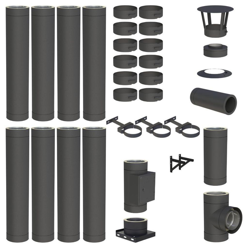 9 m Edelstahlschornstein Ø 150 mm Komplettset doppelwandig DW-Black Wandmontage