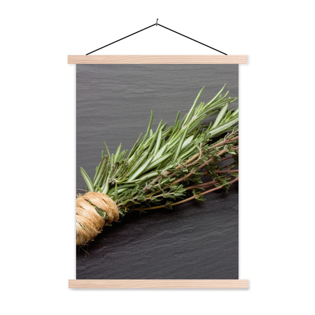 MuchoWow Textilposter Thymian - Kräuter - Grün - Tisch - Küche - Stein 120x160 cm mit holzfarbenen Rahmen - Plakatkarton