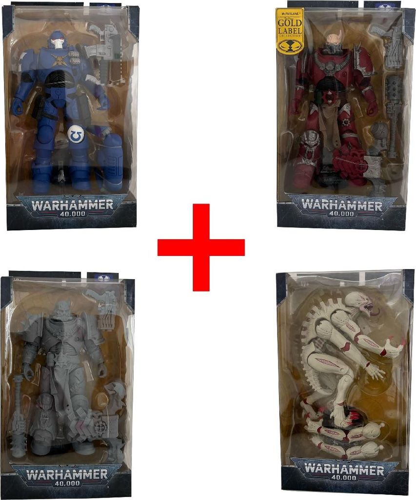 Warhammer 40000 Actionfiguren Ultramarines Reiver With Bolt Carbine, Tyranid Genestealer, bewegliche Gelenken + Sammelkarte, 4er-Set, Geschenk-Set