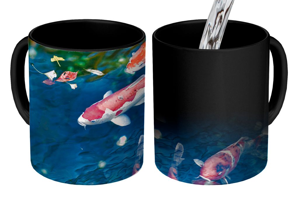 KitchenYeah Zauber Tasse Zaubertasse Magic Vier Koi-Karpfen in einem Teich 350 ml Farbwechsel Becher Geschenk Geschenkidee - Magic-Tasse - Fotota...