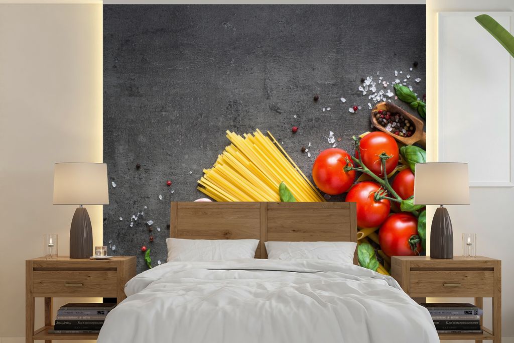 MuchoWow Fototapete für Wohnzimmer oder Schlafzimmer Wandtapete Vinyl Motivtapete Nudeln - Kräuter - Tomate - Gewürze - Rustikal - 280x280 cm ...