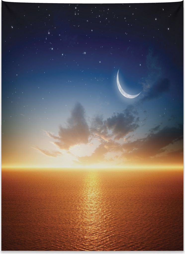 Abakuhaus Landschaft Wandteppich, Sonnenuntergang Himmel Mond Sterne aus Weiches Mikrofaser Stoff Kein Verblassen Klare Farben Waschbar, 110 x 150 ...