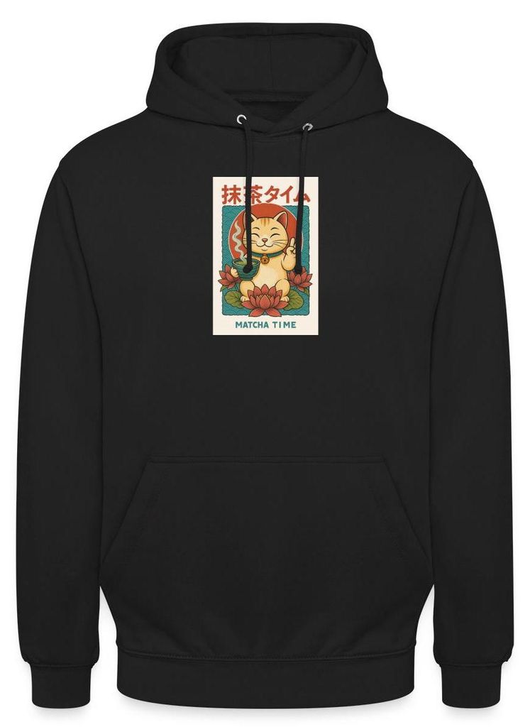 Spreadshirt Matcha Time | Katze Im Japan-Look Uni Hoodie, XL, Schwarz