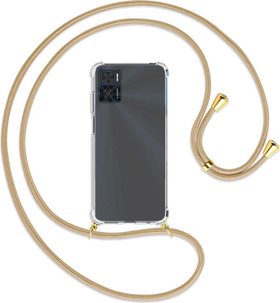 Handykette Backcover-Schutzhülle mit Band (Metall goldfarben) für Motorola Moto E22, Moto E22i 4G - caramel