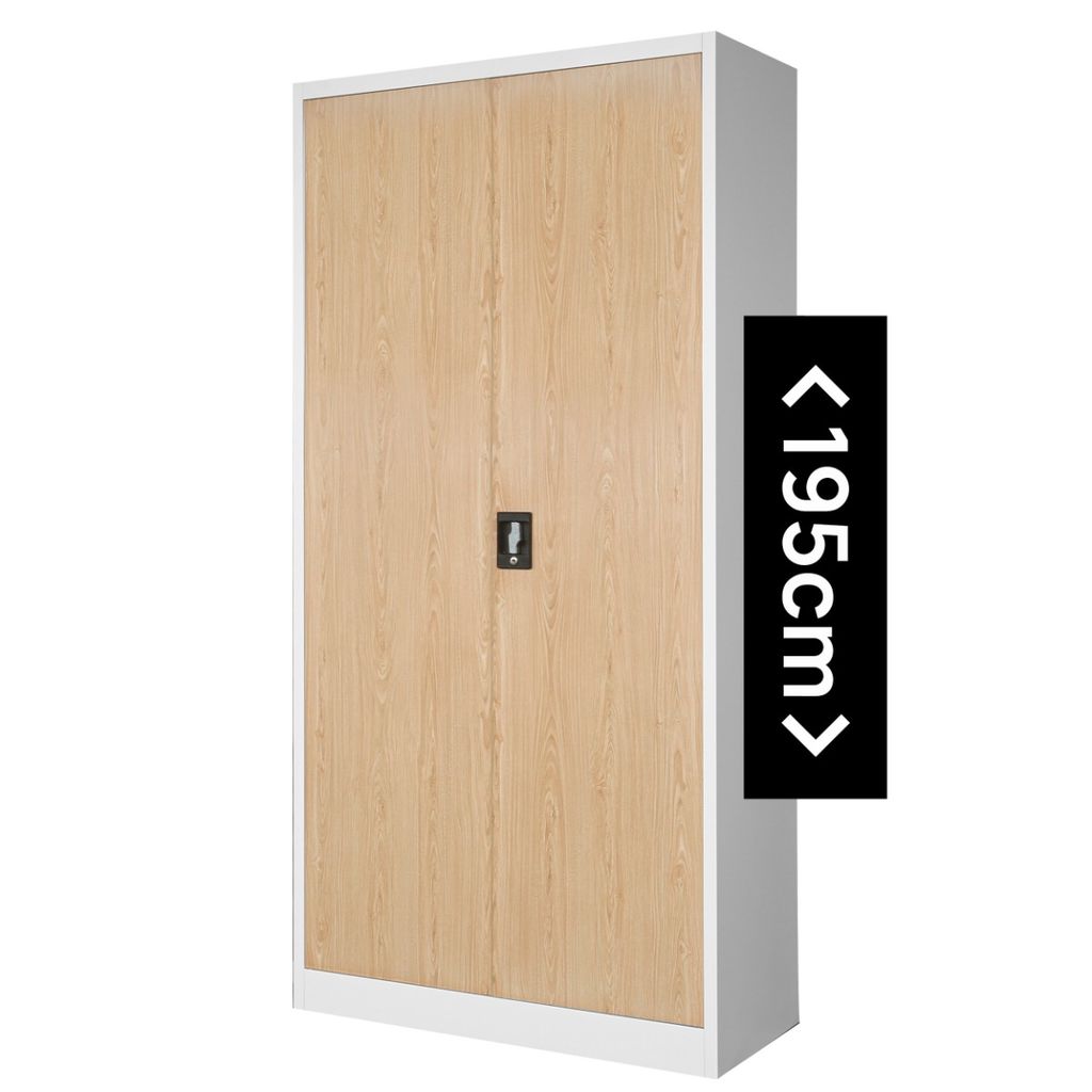 A tall, two-door storage cabinet with a light wood grain front and a white frame, displayed against a white background.
