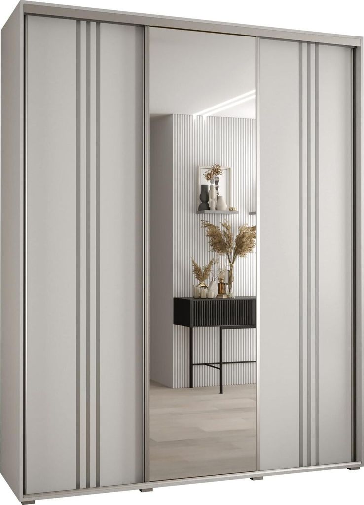 MEBLE KRYSPOL Cannes 7 Schrank mit 3 Schiebetüren - 205,2x190x60 cm - Weiß Weiß Silber