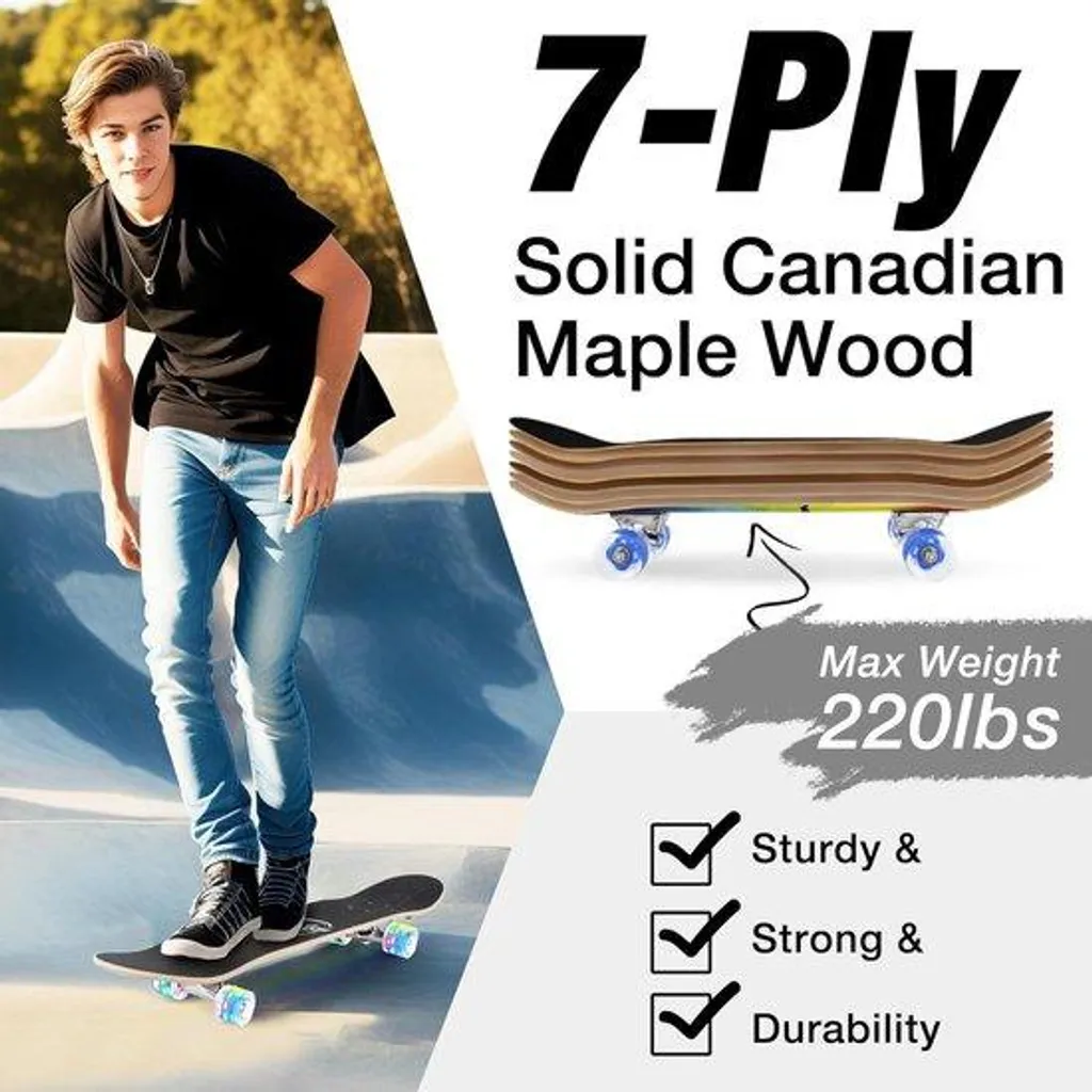 Skateboard Complet 80x20 cm en Chêne Canadien 7 Plis avec Outil Skate T