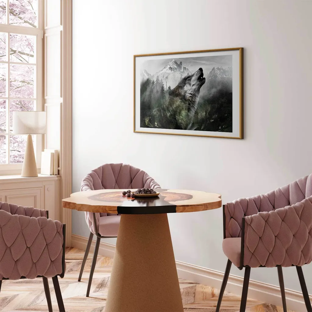 Poster del lupo urlante 60x40 cm con cornice dorata con margine - 2