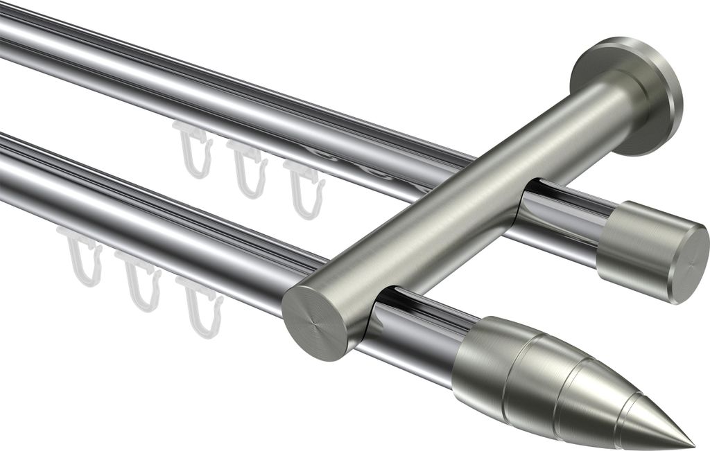Interdeco Innenlaufstange / Gardinenstange mit Innenlauf Chrom / Edelstahl-Optik, Typ Platon Samanto (Rillenpatrone), 20 mm Ø 2-läufig, 360 cm