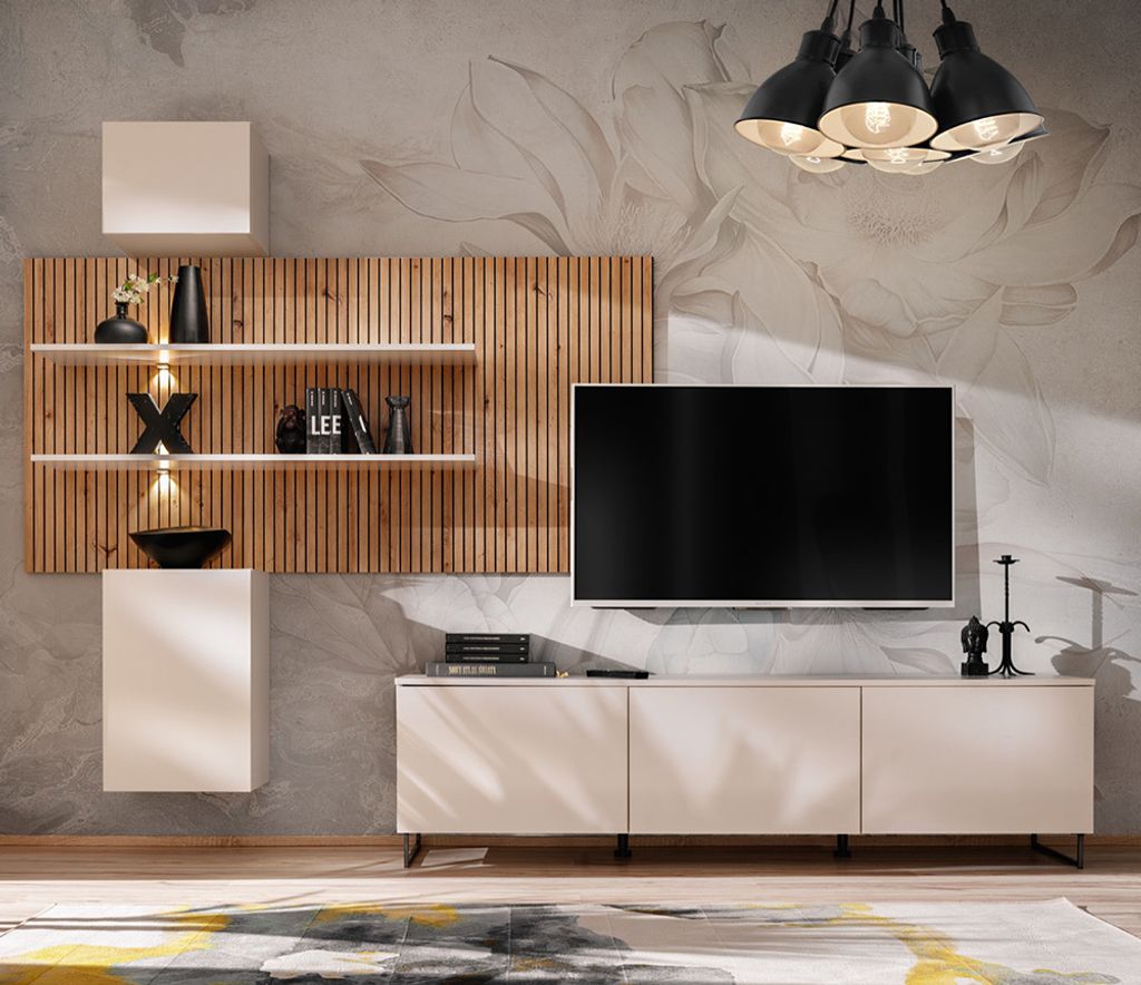 Wohnwand, kaschmir mit Eiche, GALATINA-164, inkl. Beleuchtung