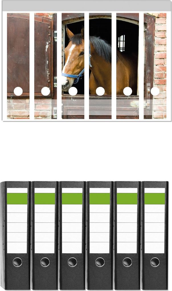 Wallario 6 Stück breite Ordner inkl. Klebeetiketten mit Motive Pferd im Stall - Set mit Rückenschildern / Ordnerrücken Stickern