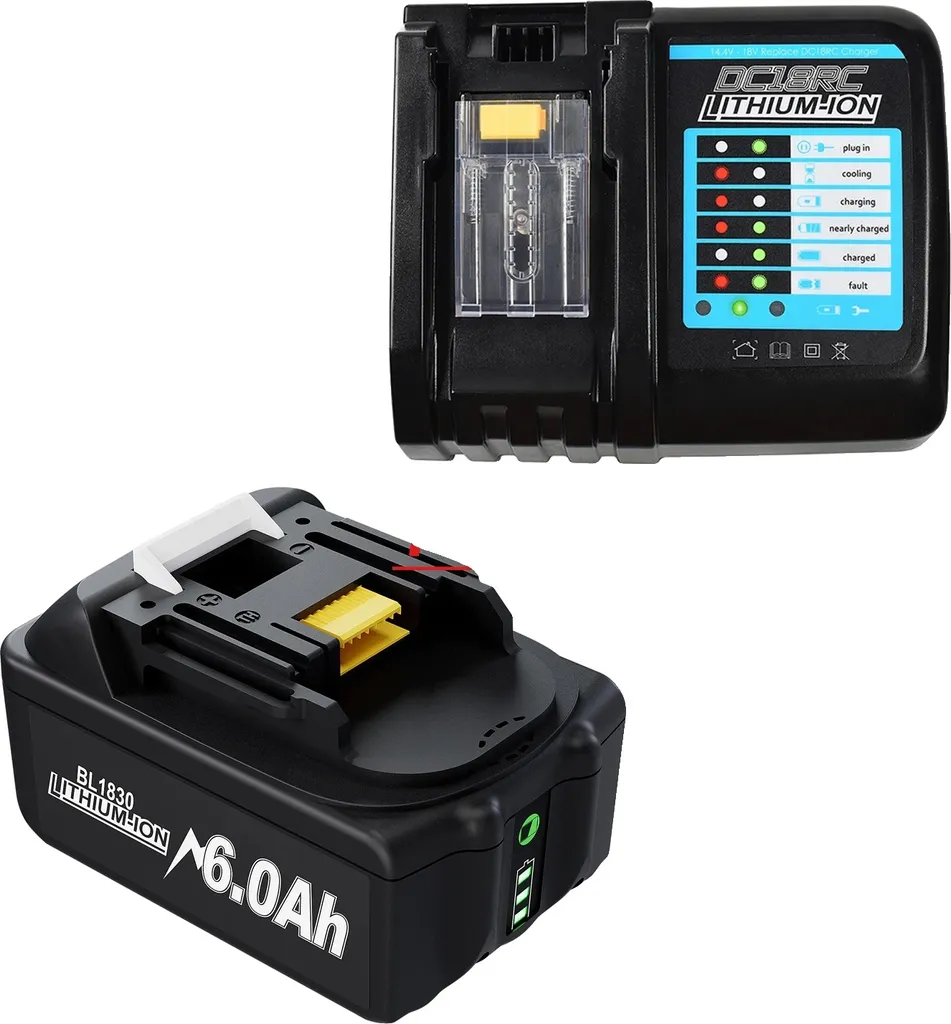 Batteria ricaricabile per elettroutensili, tensione 18V, capacità 6,0Ah, 1 batteria 1 caricatore