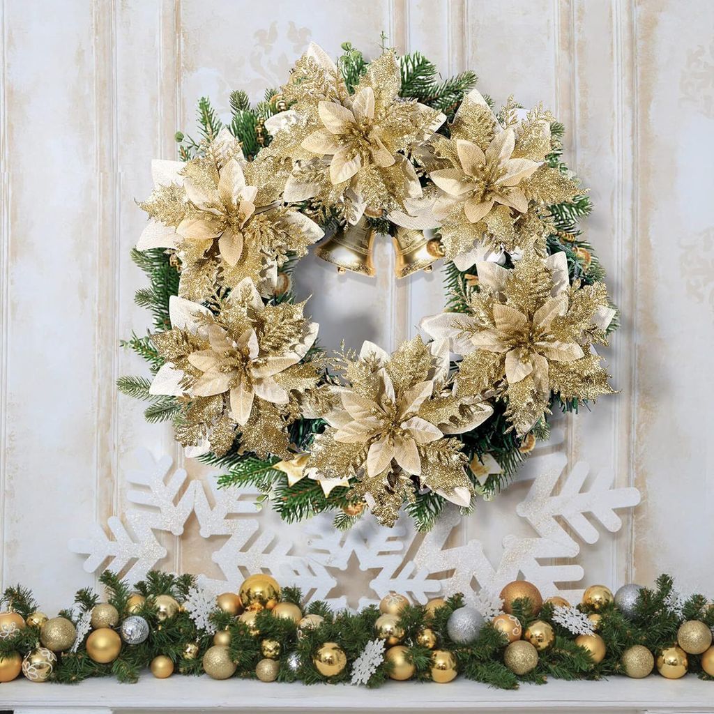 12 Künstliche Weihnachtsblumen Mit Glitzer - Polyethylen | Für Baumdekoration & Kränze