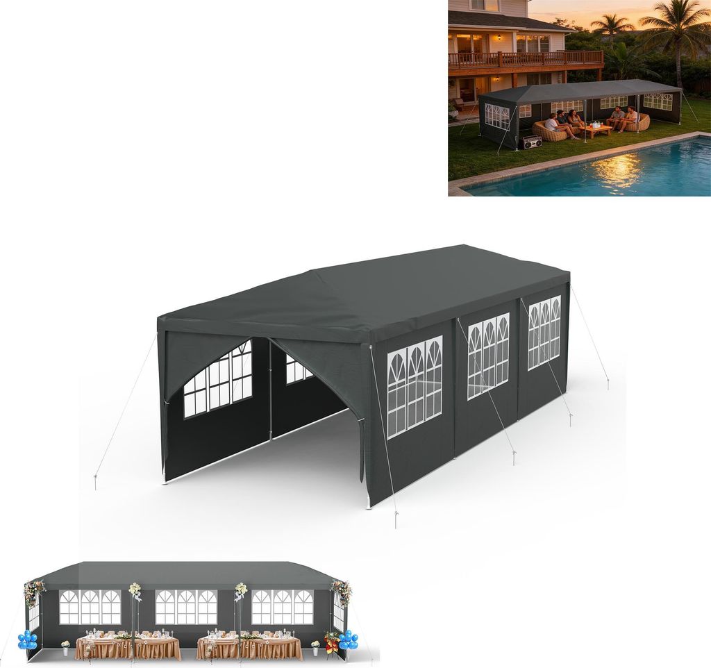 XINZI Pavillon 3x9 m Garten Pavillon Partyzelt Gazebo mit abnehmbaren Seitenwänden, wasserdicht, stabiles Stahlgestell, für Garten Party, Anthrazit