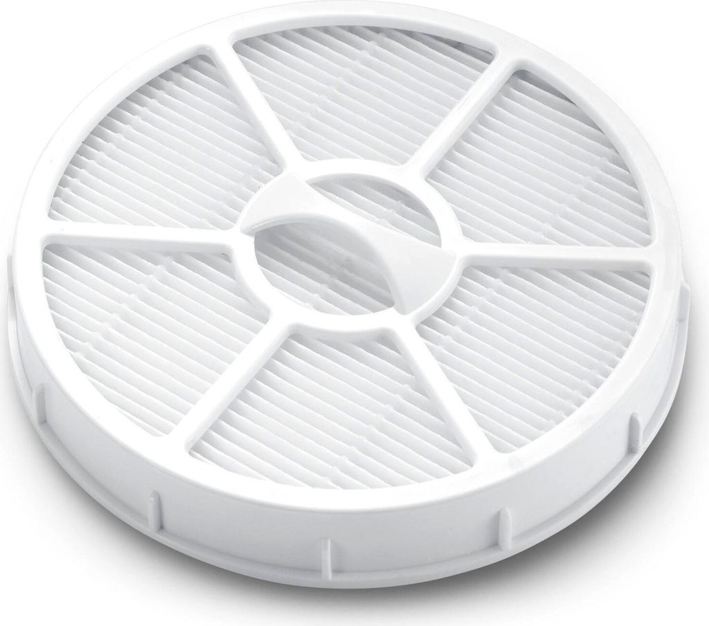 A white circular HEPA filter with a grid pattern.